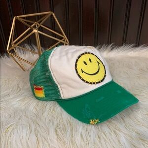 RARE Aviator Nation Green & White Smiley Trucker Hat with Embroidered Detail OS